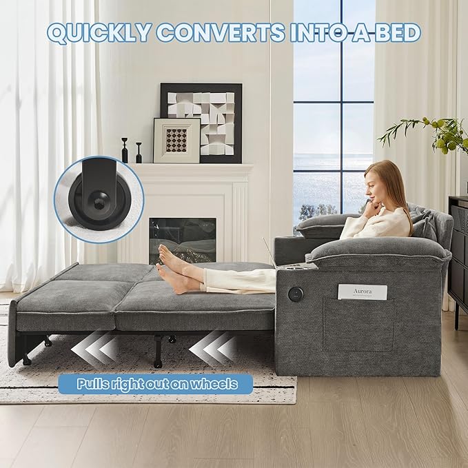 SUNWAVE 83 King Size Pull Out Sofa Bed 4-in-1 Convertible Sleeper Sofa Bed with USB Ports Cup Holders Side Pockets Corduroy Oversized Loveseat Chaise Lounge for Living Room Small Space (Gray)