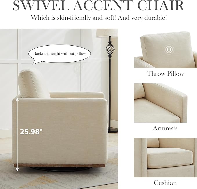 Aoiy &amp Wifon 30.7 W Swivel Accent Chair Mid Century Modern Swivel Chair for Living Room Comfy Small Accent Chair Wavy Chenille Beige