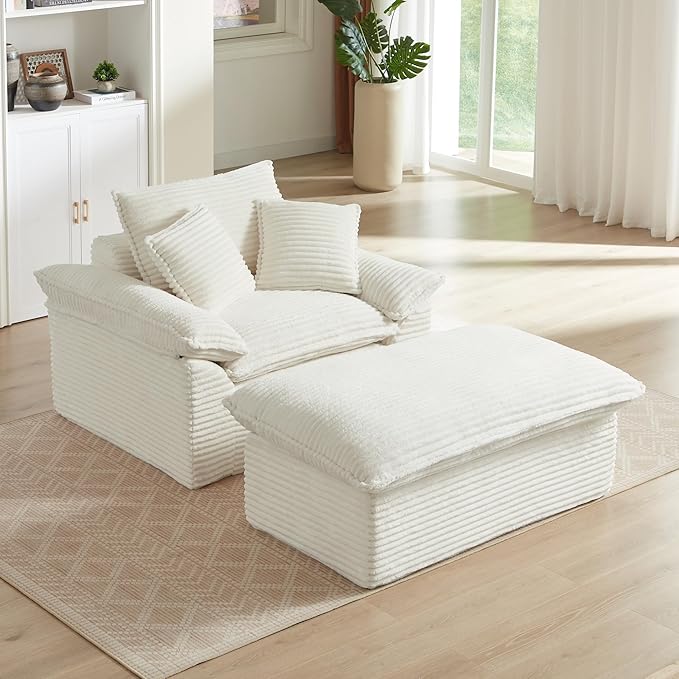 52 Boneless Chaise Lounge – Oversized Chaise Lounge Chair Indoor with Ottoman Cup Holder &amp 3 Pillows Corduroy 3-in-1 Floor Sleeper Chair Bed for Adults Reading NappingWhite