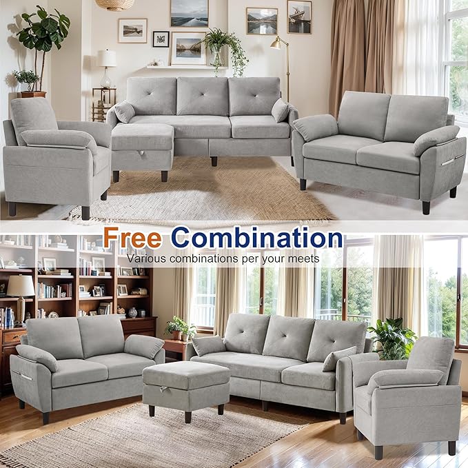 Sectional Sofa Set 77 Convertible Sofa &amp 45 Loveseat &amp 23 Chair Small 3 Seat L Shaped Couch with Storage Ottoman Modern Couches for Living Room Apartment Light Grey