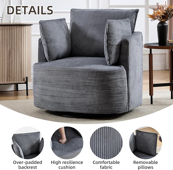 CANMOV Swivel Accent Chair 360°Swivel Barrel Chair with 3 Pillows Comfy Corduroy Round Armchair Single Sofa Chair for Living Room Bedroom Reading Room Dark Grey