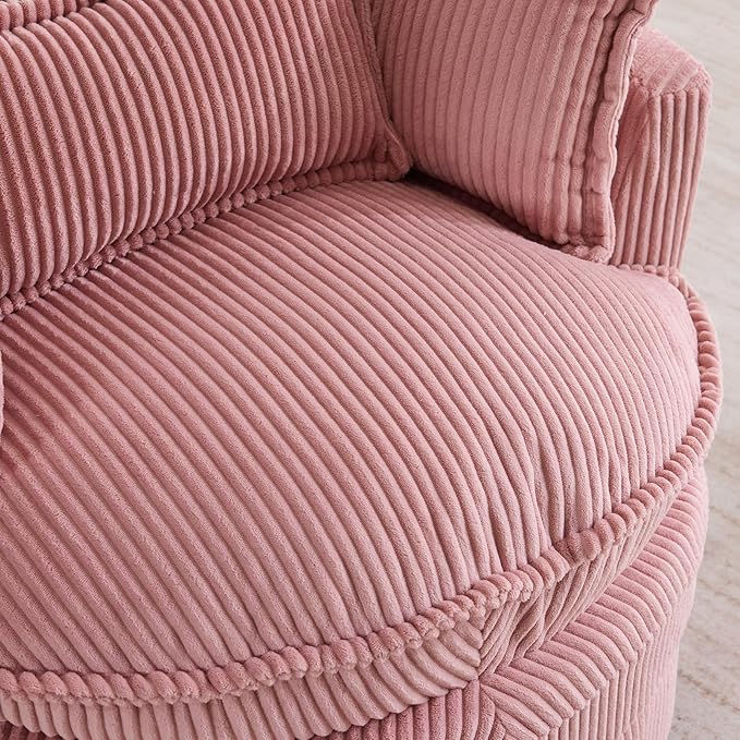 Karl home Swivel Accent Barrel Chair Single Sofa with 3 Pillows 360 Degree Modern Lounge Armchair Chair Comfy Round Reading Chair Corduroy Armchair for Living Room Bedroom Lounge Pink