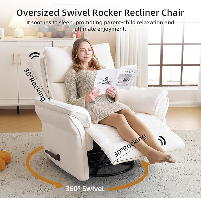 Oversized Recliner Chair 26 Extra Wide 360° Swivel Rocker Recliner with Adjustable Headrest Chenille Glider Rocking Nursery Chair with Overstuffed Armrest Lumbar Support White