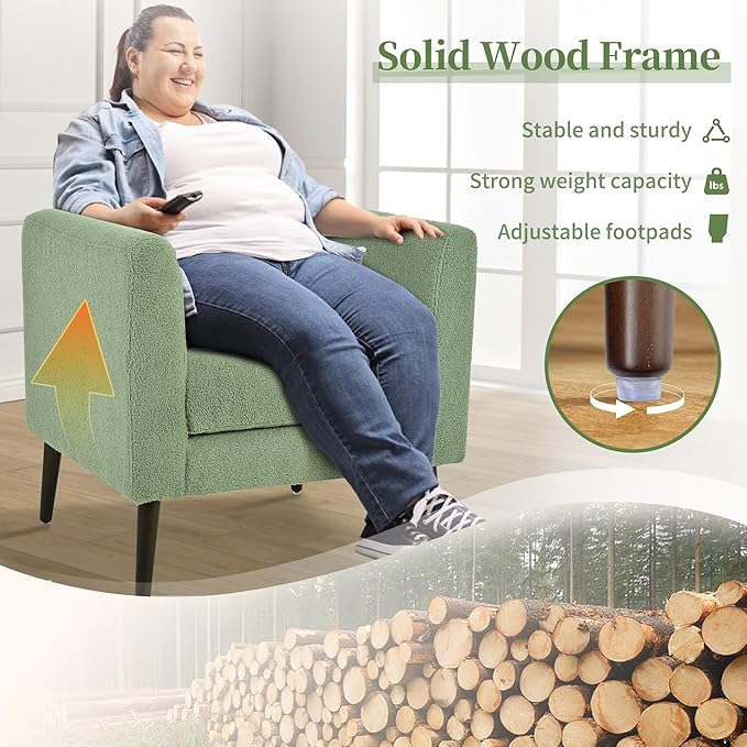 cinkehome Accent Chair for Living Room Modern Upholstered Teddy Barrel Arm Chair Large Pillow Solid Wood Legs