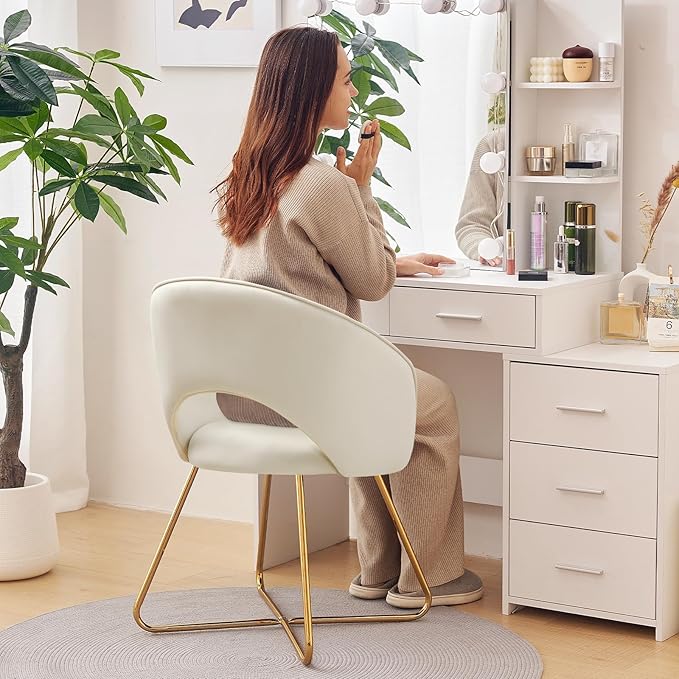 Furniliving Velvet Vanity Chair with Curved Back Upholstered Barrel Desk Chair with Gold Legs Mid Century Modern Accent Chair for Living Room Dressing Room Bedroom Khaki