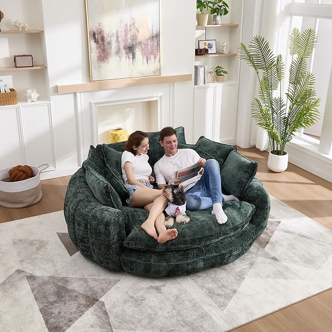 81 Round Sofa Bed Big Bean Bag Round Chaise Lounge Oversized Round Couch Boneless Reading Chair Plush Fluffy Chenille Large Chaise Chair for Living Room Bedroom Apartment Green