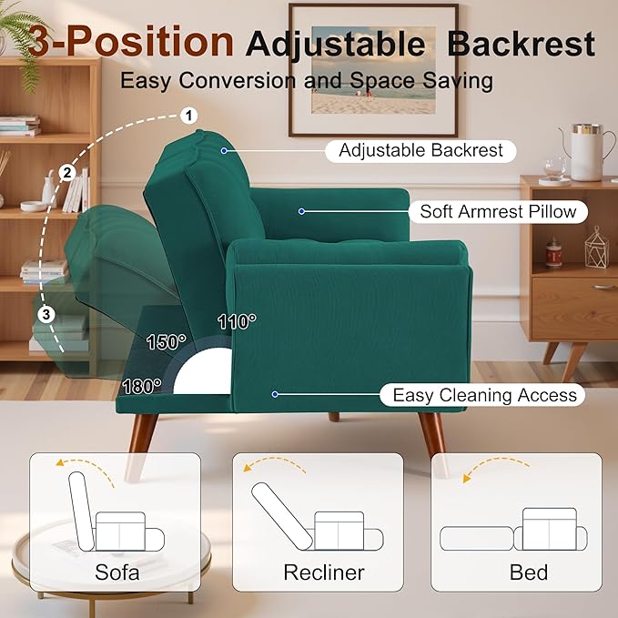 Convertible Futon Couch Bed Sleeper Sofa Bed with Adjustable Backrests Linen Loveseat Sofa 3 Seater Comfy Couch for Small Spaces Living Room Bedroom(Green 75)