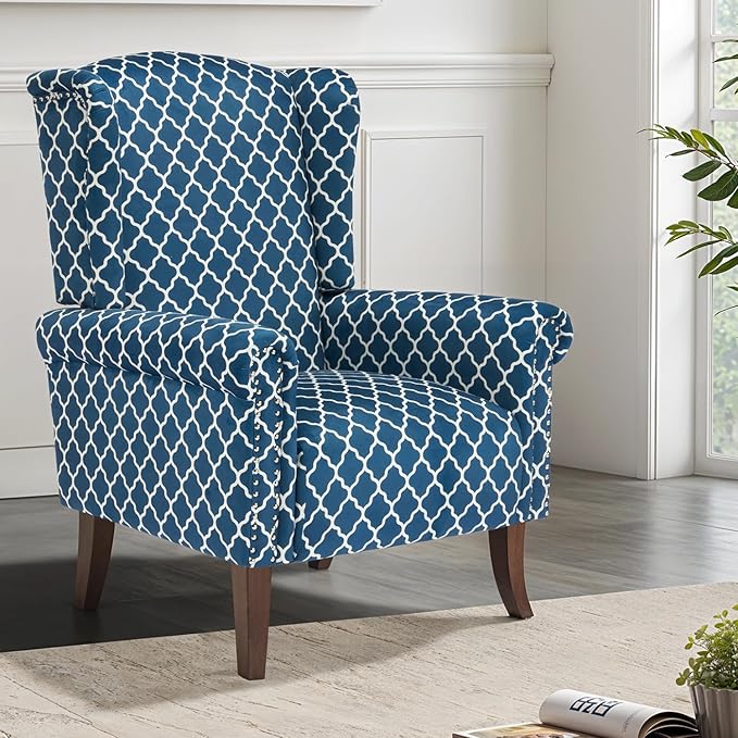 Modern Plaid Accent Chair Mid-Century Upholstered Wingback Armchair Club Sofa Chair with Wooden Legs Living Room Chair for Bedroom Balcony Lounge (Blue Check)