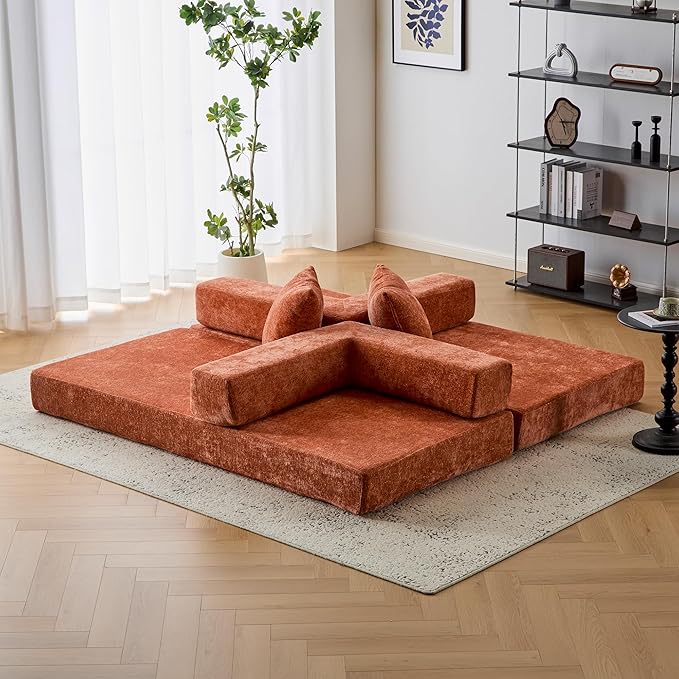 Convertible Floor Sofa Bed with Fixed-Shape Frame Modular Chenille Folding Mattress Couch with Armrest Floor Sofa Lounge Couch for Living Room Bedroom Lounge StudioBurnt Orange
