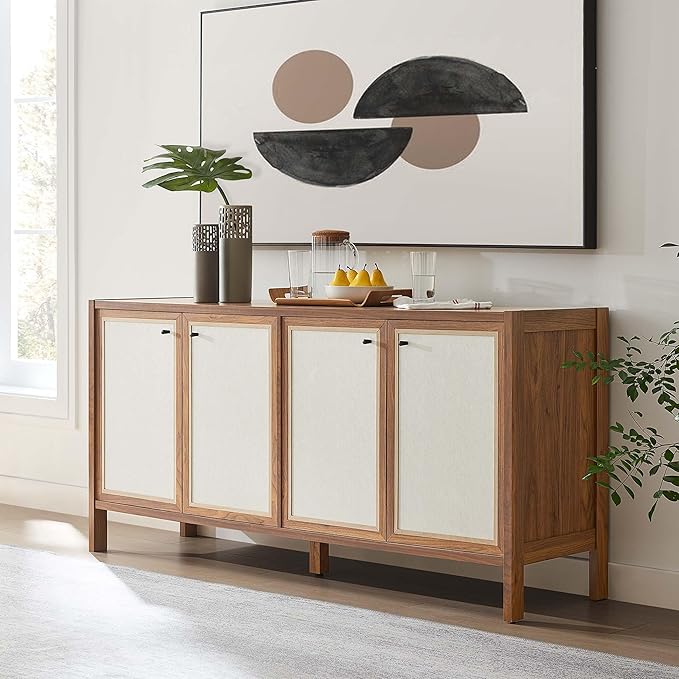 Modway Capri 65 Inch Sideboard in Walnut Large Storage Doors Entryway Console Table Mid-Century Modern Buffet Cabinet or Credenza for Living or Dining Room
