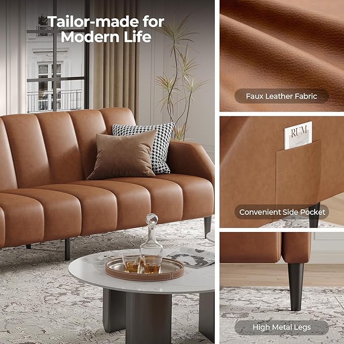 Fadware Faux Leather Couch Convertible Futon Sofa Bed with Adjustable Backrest Mid Century Leather Sofa Loveseat with Side Pockets&amp Metal Leg Modern Leather Sleeper Sofa for Living Room Bedroom