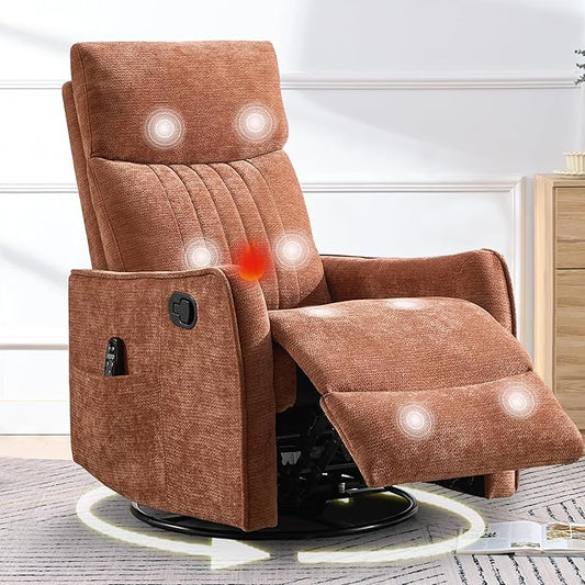 cinkehome Heated Massage Swivel Rocker Recliner Chair for Nursery - Small Space Reclining Chair with Lumbar Support 360° Swivel &amp Gentle Rocking Ergonomic High Back Orange Chenille
