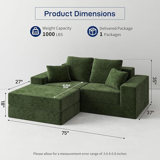 Cloud Modular Sectional Sofa Comfy Boneless Couch for Living Room Modern L-Shaped Couch with Reversible Chaise Customizable Sleeper Sofa with Non Slip No Assembly &amp Deep Seat Green
