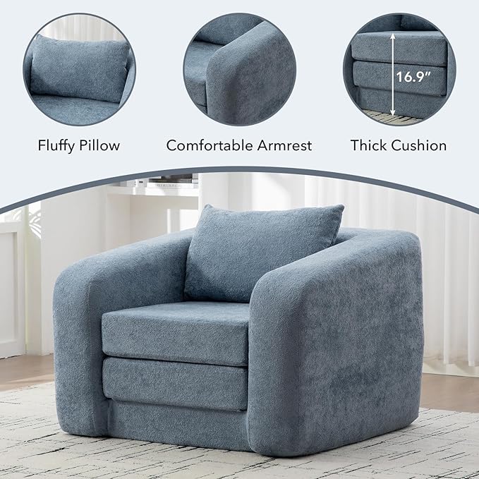 Convertible Sofa Bed Chenille Upholstered Pull Out Sofa Bed with Pillows 2-in-1 Sofa Chair with Minimalist Design Comfy Folding Mattress Couch for Apartment (Light Blue Single Sofa Bed)