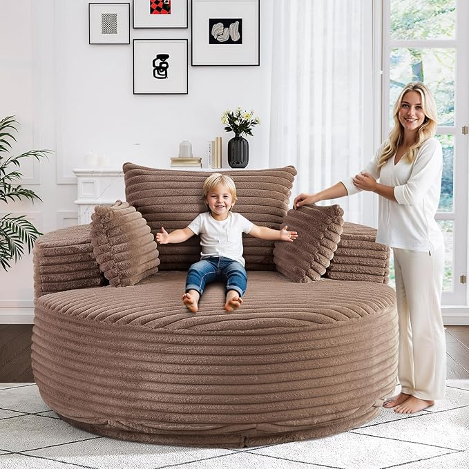 360-Degree Oversized Swivel Chair Modern Round Circle Corduroy Comfy Deep Seat Swivel Accent Chaise Lounge Sofa Chair with Back Cushion &amp 2 Throw Pillows for Living Room Bedroom Office Brown