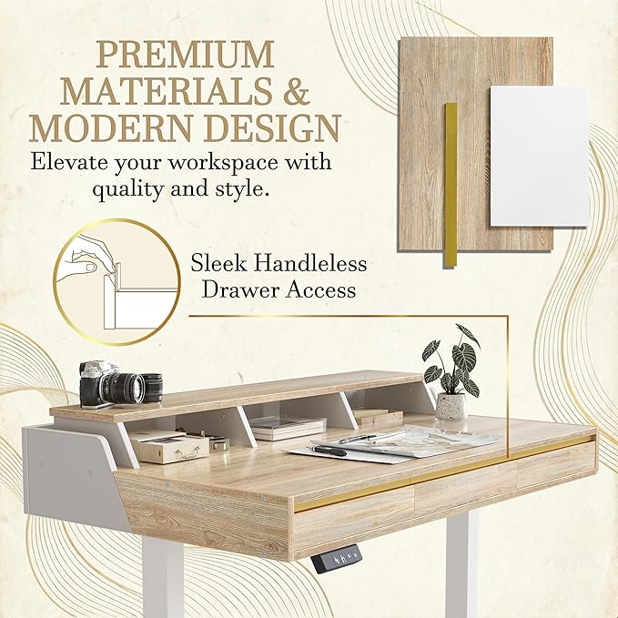 TIQLAB Standing Desk with 3 Drawers 47 Electirc Sit Stand Desk with Storage Height Adjustable Computer Desk Modern Home Office Desk with Monitor Stand Maple