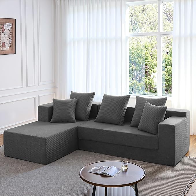 YINIX 106 Modular Sectional Sofa Modern Cloud Couch with L-Shape Chaise Upholstered Boneless Couches with Deep Seat Comfy Corduroy Sofa for Living Room Bedroom No Assembly (Grey)