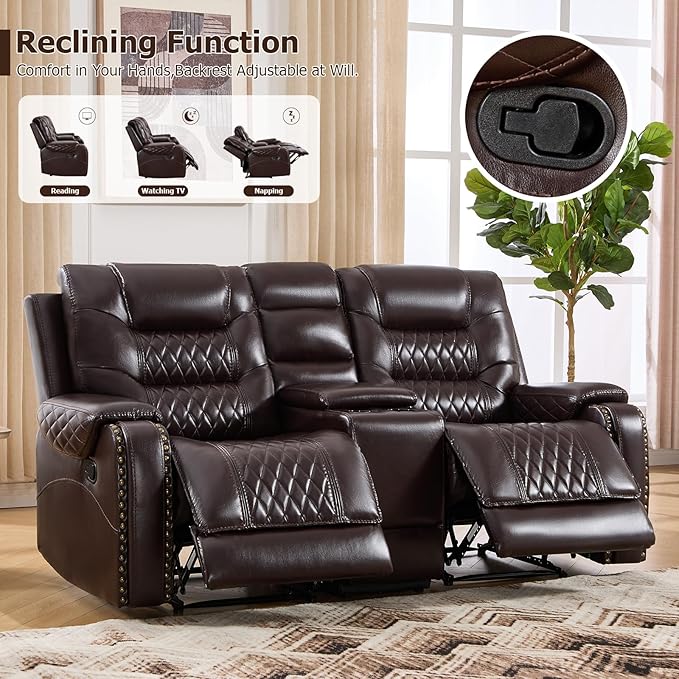 EBELLO Manual Reclining Loveseat Faux Leather Double Recliner Sofa with Center Console Hidden Storage &amp Cup Holders Vintage Rivet Mid-Century Modern Design for Living Room Dark Brown