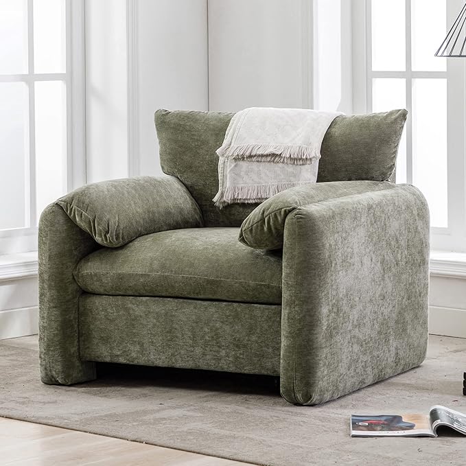 Modern Velvet Fabric Chenille Oversized Single Sofa 38.6’’ W Living Room Accent Armchair Lounge Chair for Living Room Bedroom Meeting Room Hotel Lobby (Matcha Green)