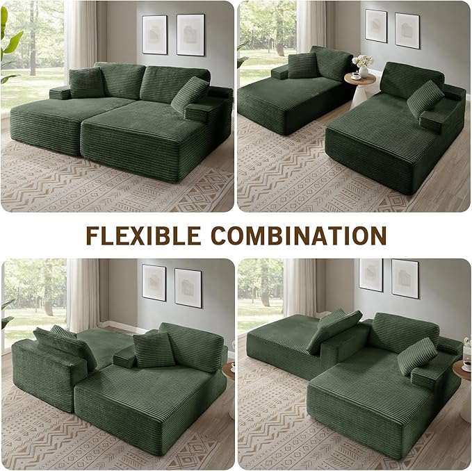 89.3” Oversized Double Chaise Lounge Indoor Green Corduroy Chaise Lounge Chair Upholstered Sleeper Sofa Bed Deep Seat Sleeper Loveseat Reading Chairs Boneless Cloud Couch for Living Room Bedroom