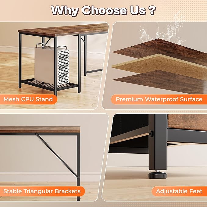 PRAISUN 66 L Shaped Gaming Desk with LED Lights &amp Power Outlets Computer Desk with Fabric Drawers and Print Stand Corner Office Desk Monitor Stand Mesh CPU Stand Rustic Brown