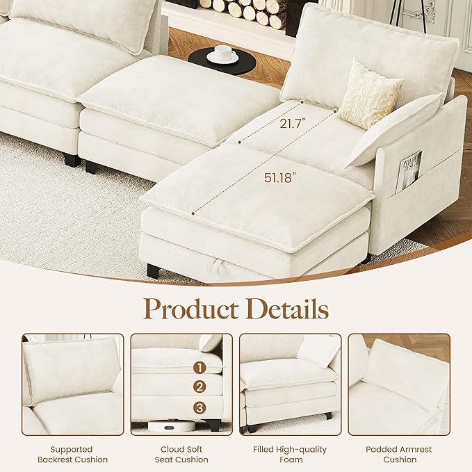 72 Loveseat Modular Sectional Sleeper Sofa Chenille Cloud Couch Bed with Storage Ottoman Modern Deep Seat Couches with Side Pocket for Living Room Bedroom and Apartment Beige