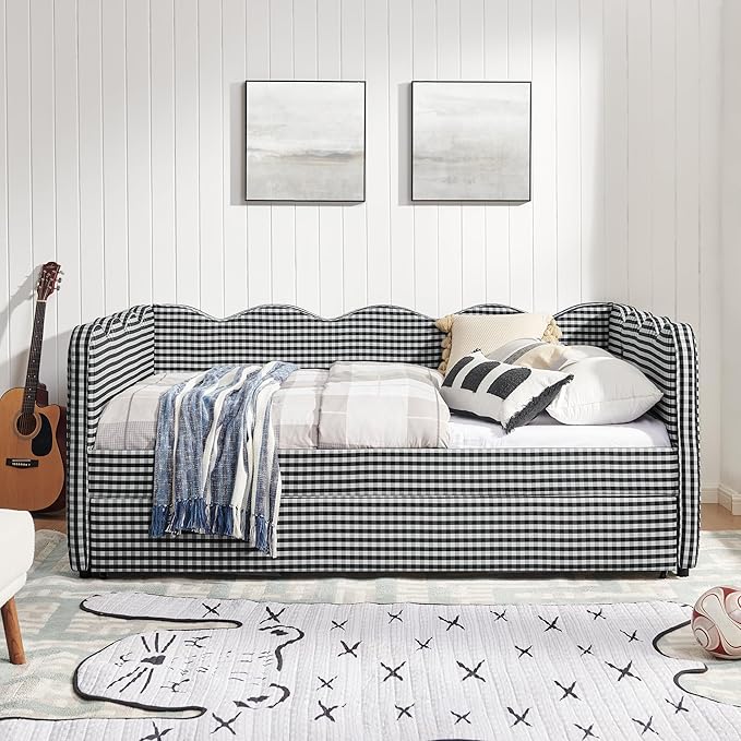 Cozy Gingham Daybed with Trundle Twin Size Sofa Bed No Box Spring Needed with USB Port and Adorable Wave Shaped Linen Fabric Navy (Full+Black)