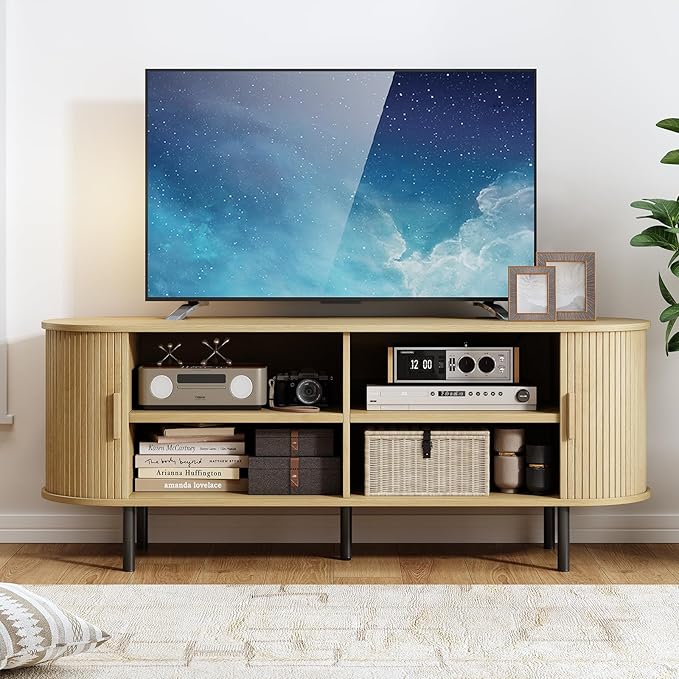 55 TV Stand with Power Outlet Modern Media Console with Sliding Doors Entertainment Center for TVs up to 60 Inch Adjustable Shelves Oak