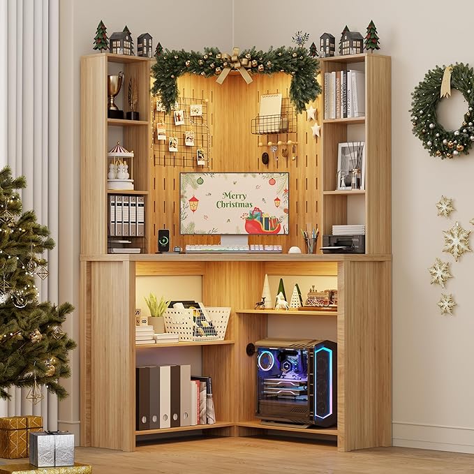 Corner Desk with - LED Reading Light L-Shaped Computer Desk w/Hutch &amp Shelves Home Office Desk w/Charging Station for Work &amp Study File Cabinet Storage Bookshelf for Small Space (Natural)