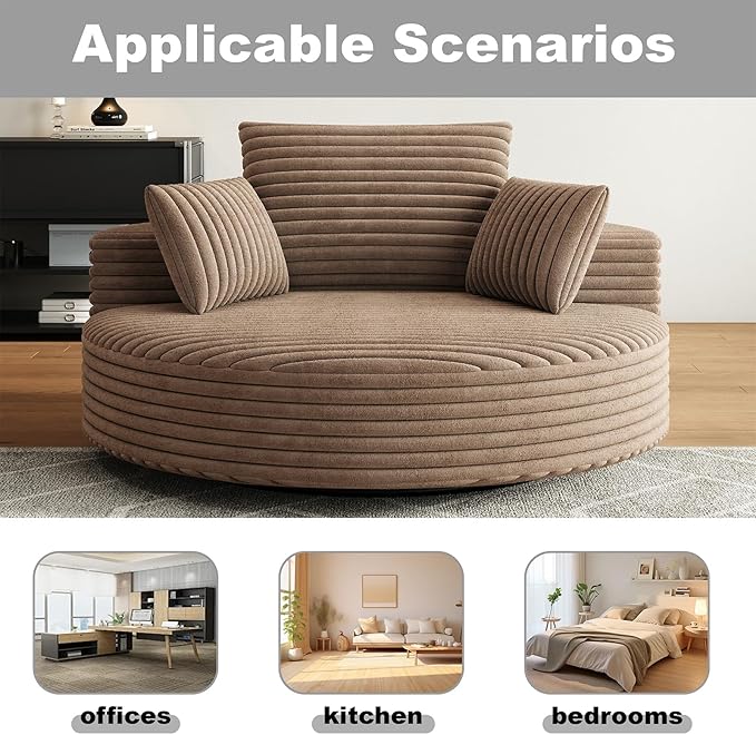 55 inch 360° Swivel Accent Chair Chaise Lounge Chair Indoor Oversized Round Swivel Accent Chair Modern Corduroy Single Sofa Chair Deep Seat Chair for Living Room Bedroom Apartment Brown