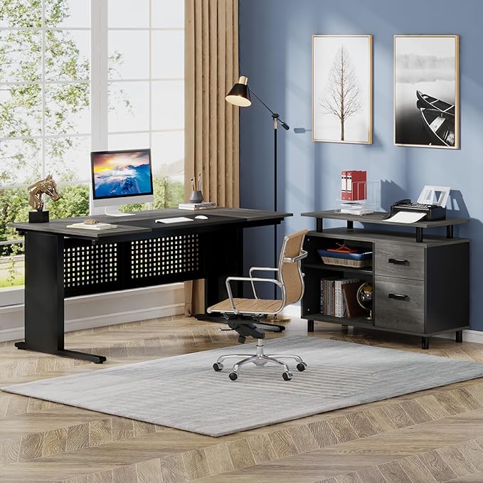 LITTLE TREE Large Computer Desk with File Cabinet 63 Inch Executive Desk L Shaped Office Desk with Drawers and Storage Shelves Business Furniture Desk Workstation for Home Office