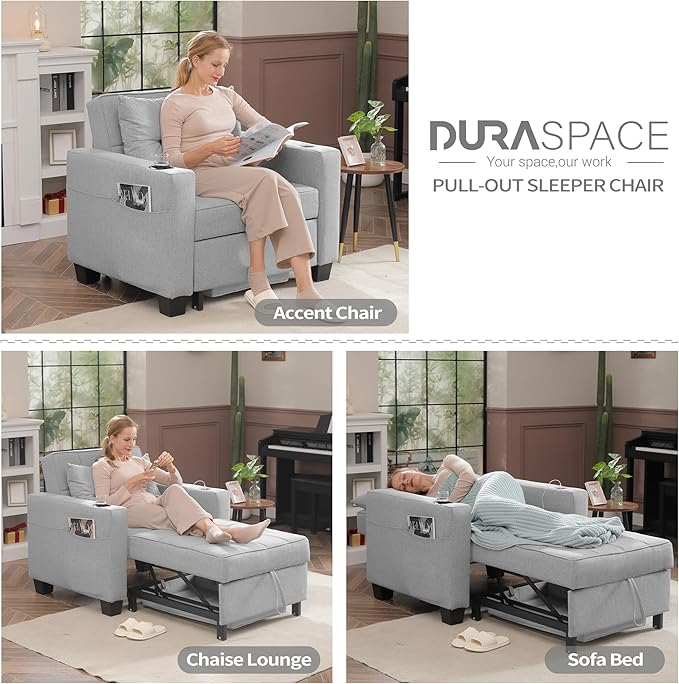 DURASPACE Pull Out Sofa Bed 3-in-1 Convertible Sofa Sleeper Chair Bed with USB Cup Holder Adjustable Armchair Beds for Small Spaces Apartment Living Room Office (Light Gray Linen)