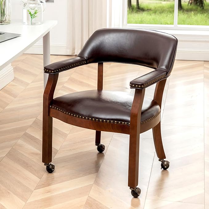 Convenience Concepts Take a Seat Dillon Rolling Armchair 25.25 - Traditional Accent with Wheels Transitional Swivel Desk or Table Chair for Office &amp Dining Room Espresso Vegan Leather