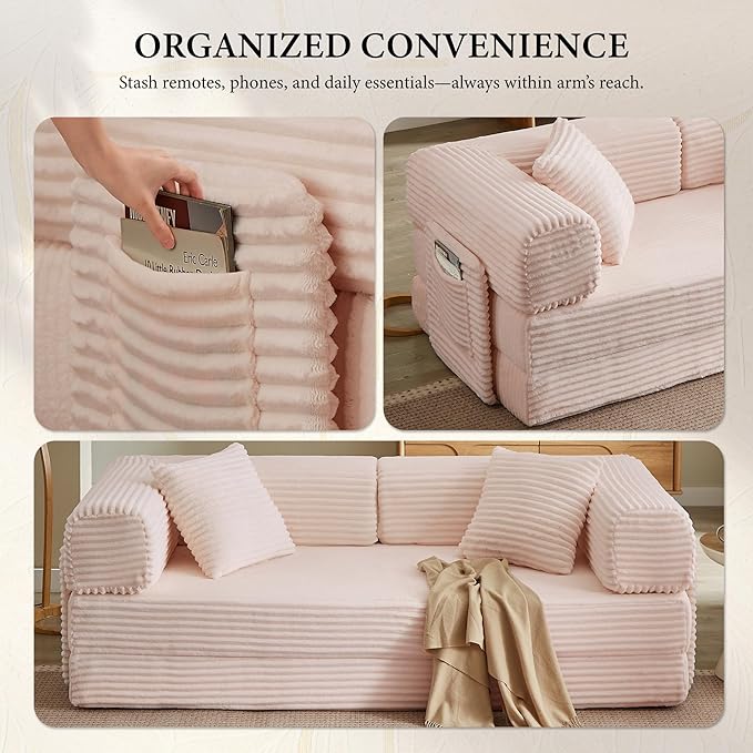 Boneless Couch Folding Couches for Living Room Sofa Futon Sofa Bed with Sleeper Sofa Futon Couch with Fixed-Shape Oversized Corduroy Upholstered (Pink 81 Inches)