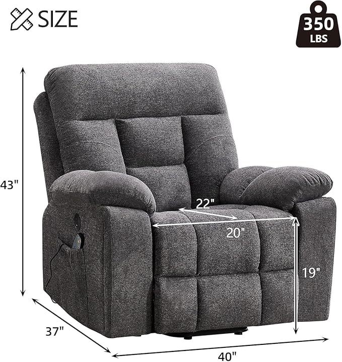 CANMOV Large Power Lift Recliner Chair with Massage and Heat for Elderly Big and Tall People Overstuffed Wide Recliners with 2 Cup Holders Side Pocket and USB Port Dark Grey