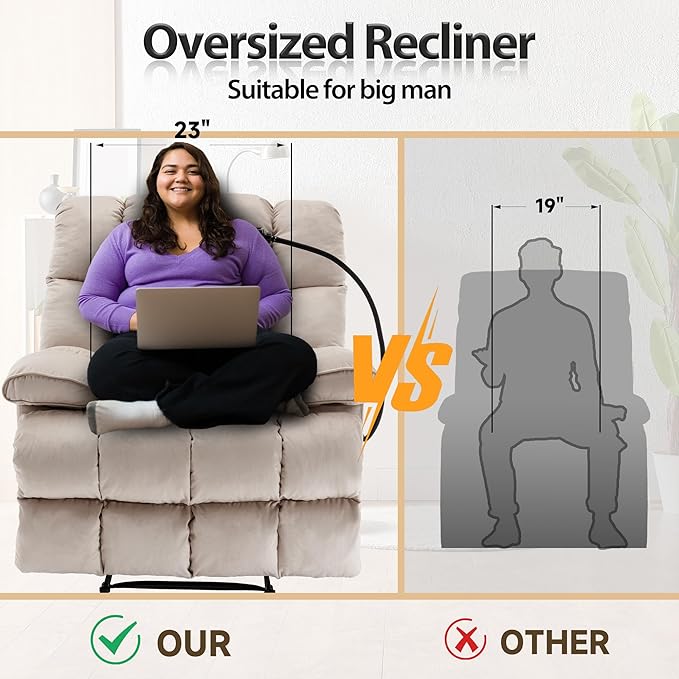 Oversized Recliner Chair with Phone Holder Manual Velvet Big Man Recliners Supports Up to 400 LBS Extra Wide Recliner Chairs for Bedroom Living Room and Home Theater Beige