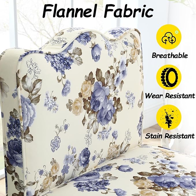 Floral Accent Chair Comfy with Pillow Armless Accent Chair for Bedroom Slipper Chair with Soft Seat Cushion and Backrest Side Chairs for Living Room Flannel Fabric Wave-Shaped (Blue)
