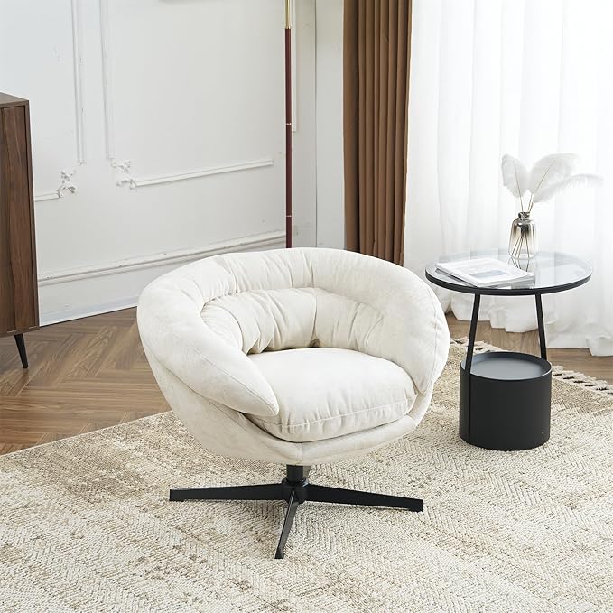 360°Swivel Accent ChairModern Chenille Office ChairRound Office Chairswith Removable CushionBlack Metal Base for Living RoomBedroomReading CornerOfficeBeige