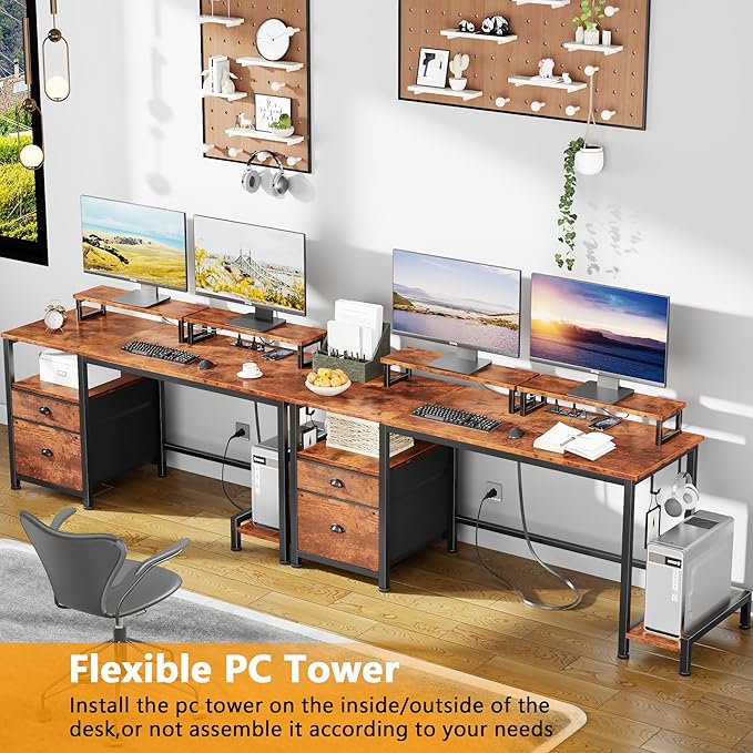 Furologee 55 Computer Desk with File Cabinet and Power Outlets Home Office Desk with 2 Movable Monitor Stands and Storage Drawer Writing Table with Shelves and 2 Hooks for Bedroom Rustic Brown
