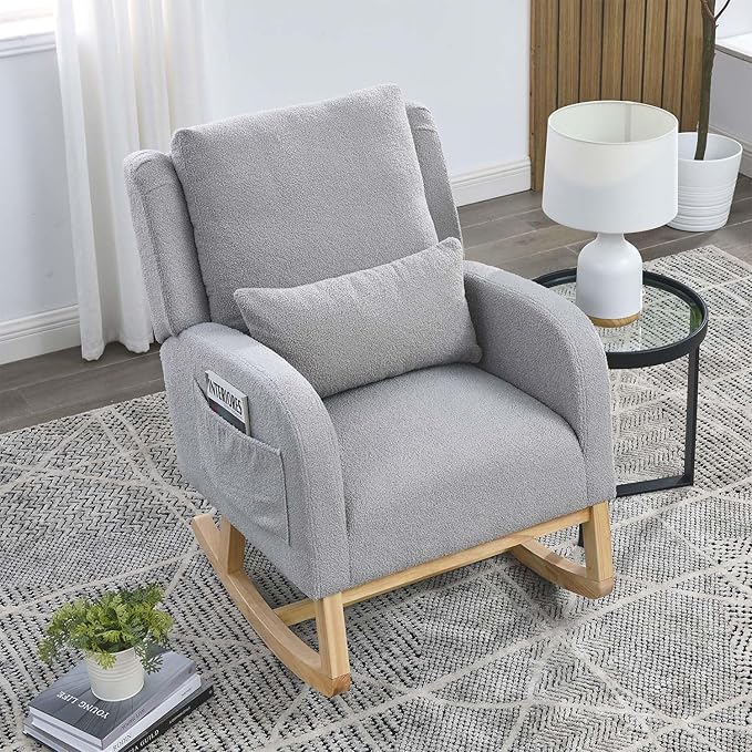 Rocking Glider Chair for Nursery Wingback Accent Rocker Chair Upholstered Tall Back Arm Chair w/Side Pockets Modern Leisure Single Sofa for Living Room Hotel Bedroom Baby Room Grey