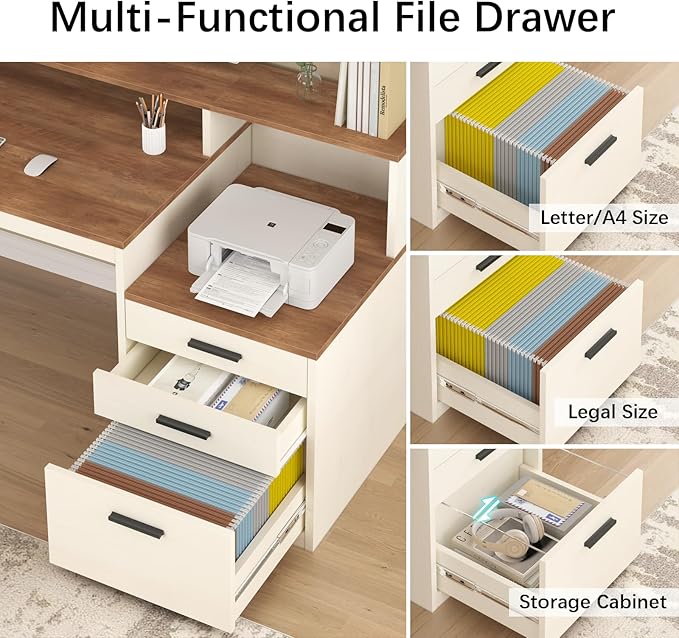 65 Inch Computer Desk with 3 Drawers &amp Storage Shelves Executive Desk with File Drawer &amp Cabinet Home Office Desk with Long Monitor Stand &amp Printer Shelf Antique White