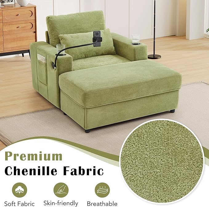Eafurn 42.5 Oversized Accent Chair with Storage Ottoman Convertible Chaise Lounge Chenille Upholstered Cloud Sofa Chair w/Cupholders and USB Ports Modern Extra Wide Armchair
