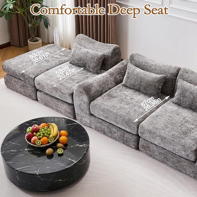 105” Modular Sectional Sofa Convertible Sofa BedTransforms into Single or Double Sofa Chenille Fabric Cloud SofaModern Soft Boneless Comfort No Assembly Required Grey