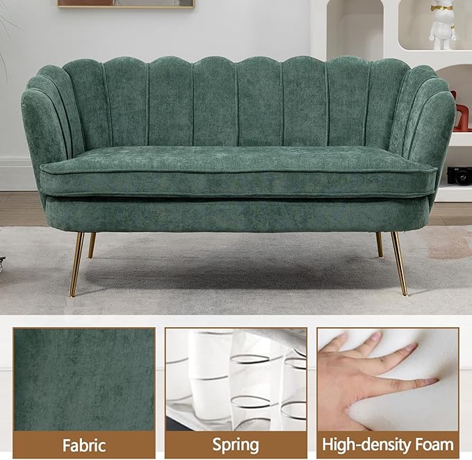 59 Small Loveseat Sofa 2-Seater Modern Chenille Couch with Gold Metal Legs &amp Floral Backrest Compact Apartment Sofa for Living Room Bedroom Office Dorm (Chenille Green)
