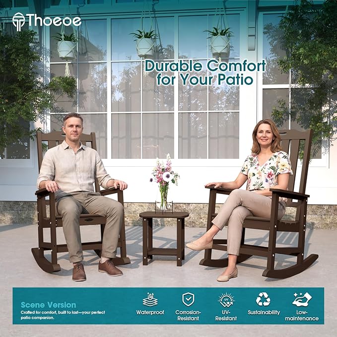 Oversized Rocking Chair Set of 2 Outdoor Rocking Chair for Adults All Weather Resistant Porch Rocker for Lawn Garden Brown