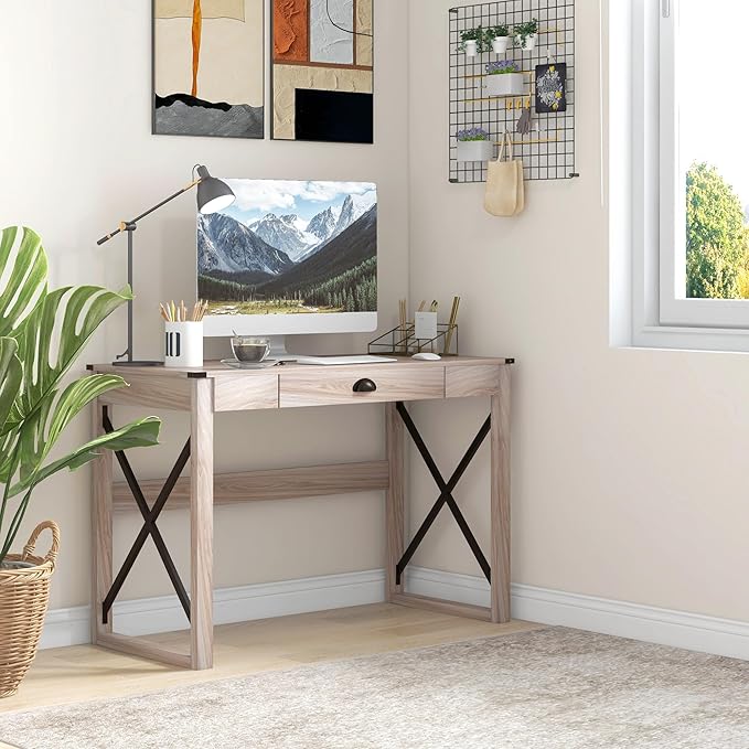44 inch Home Office Computer Desk Rustic Writing Desk Farmhouse Workstation with Storage Drawer X-Frame