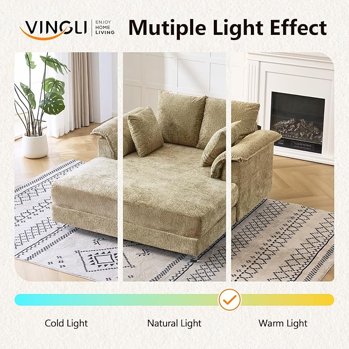 VINGLI Modern Floating Chaise Lounge Chair with LED Lights &amp Acrylic Legs Upholstered Cushion Deep Seat Lounge Sofa with Iron-Wood KD Frame Pillow Armrest Accent Chair for Living Room Apartment