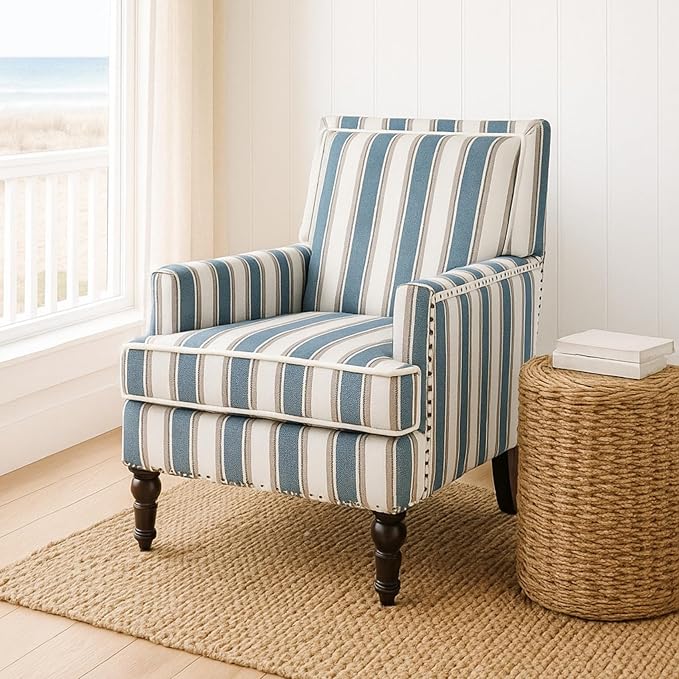 Coastal Style Stripe Accent Chair Mid-Century Upholstered Armchair Single Sofa with Nailhead Trim Wood Legs for Living Room Patio Blue Stripes.