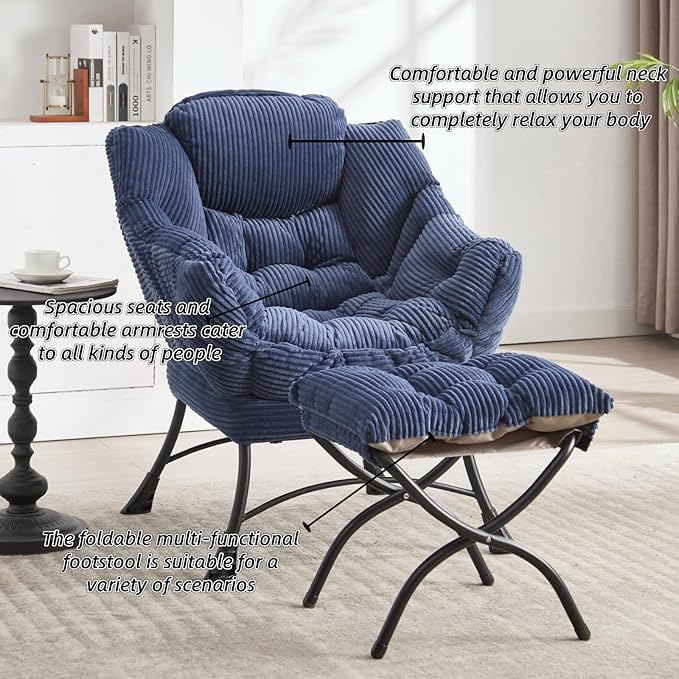 Modern Lazy Chair with Ergonomic Ottoman Comfortable Lounge Chair with Footrest for Space Saving Comfy Reading Armchair for Living Room Bedroom Office Navy