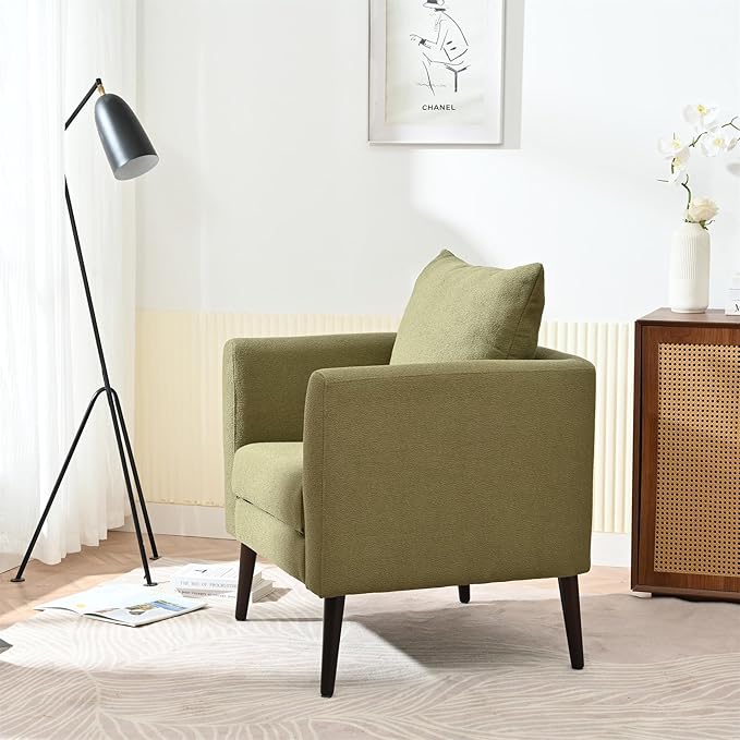 Modern Upholstered Accent Chair Mid-Century Lounge Armchair with Pillow Comfy Reading Side Accent Chairs Single Sofa Chair with Wood Legs for Living Room Bedroom (Olive Green+Fleece)